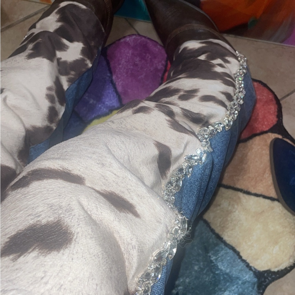 Cow Print Jeans with Rhinestone Trim - Picture 4 of 7